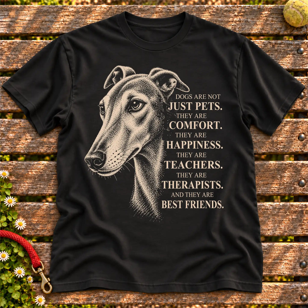 Dogs Are Not Just Pets Greyhound text design on a Black softstyle T-shirt