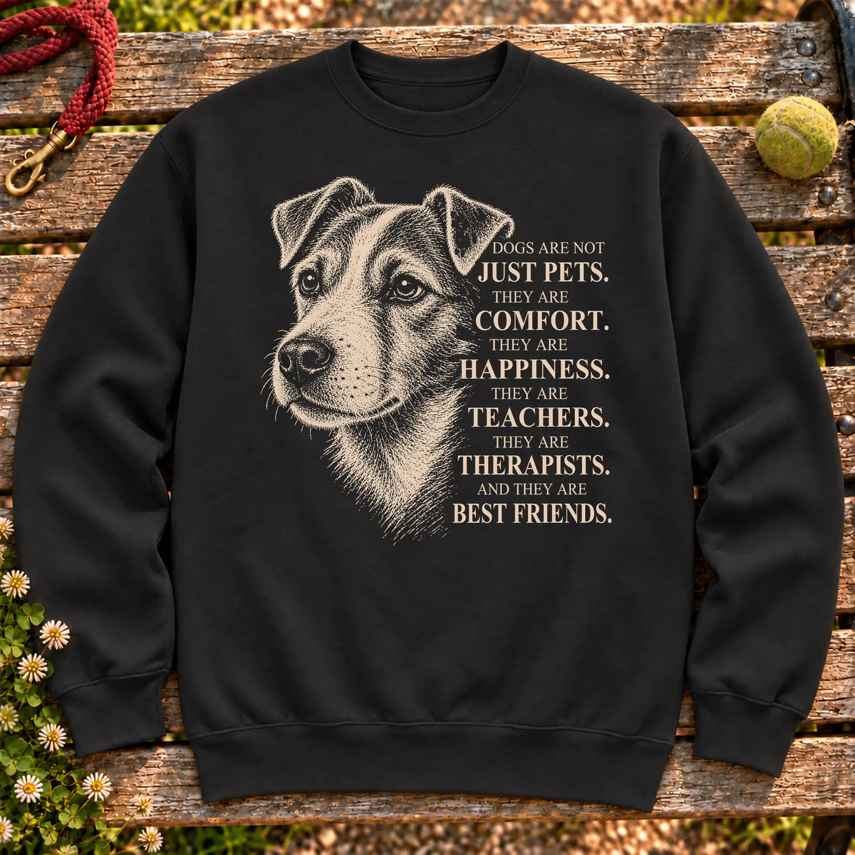 Dogs Are Not Just Pets Jack Russell text design on a Black crewneck sweatshirt