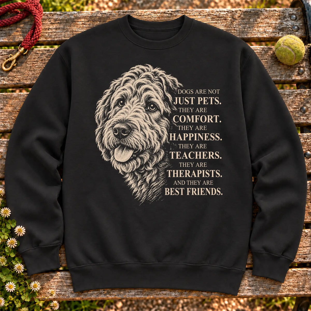 Dogs Are Not Just Pets Labradoodle text design on a Black crewneck sweatshirt