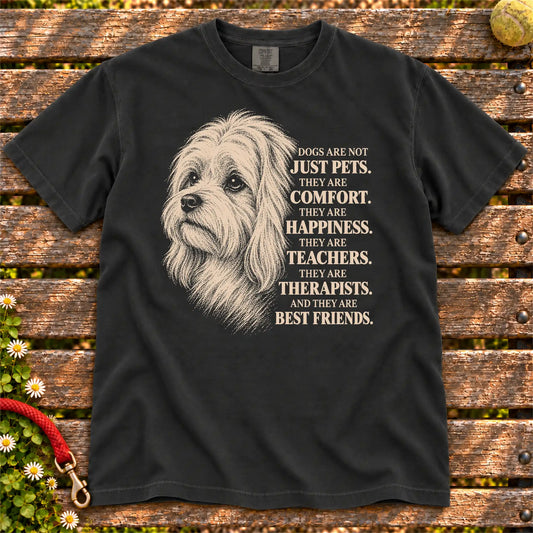 Dogs Are Not Just Pets Maltese text design on a Black Comfort Colors T-shirt