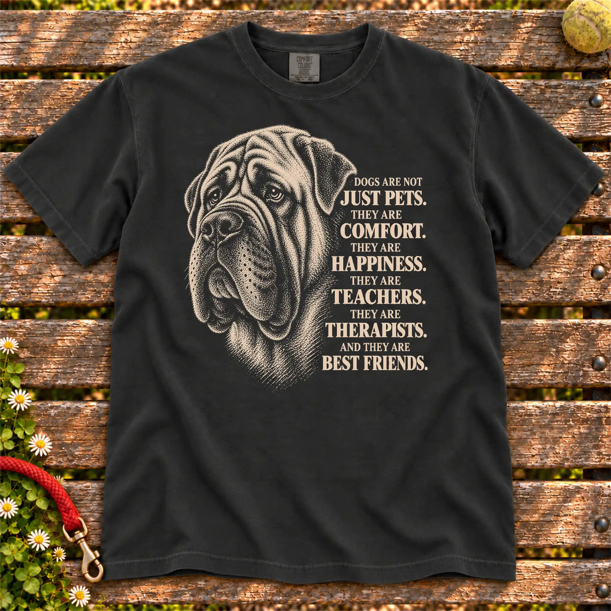 Dogs Are Not Just Pets Mastiff text design on a Black Comfort Colors T-shirt
