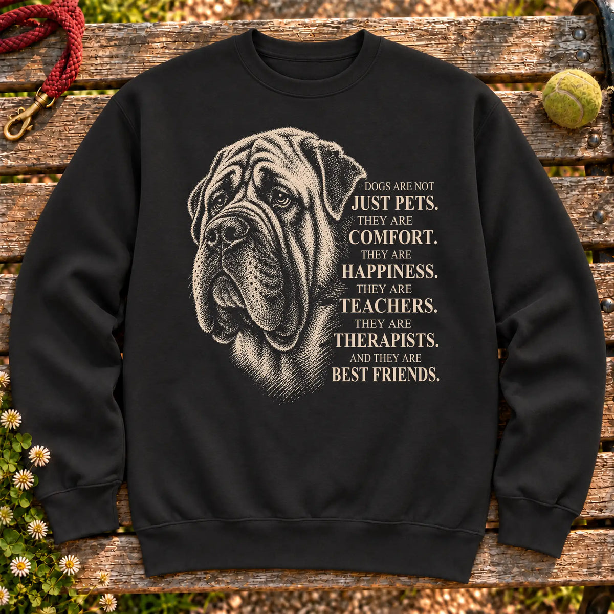 Dogs Are Not Just Pets Mastiff text design on a Black crewneck sweatshirt