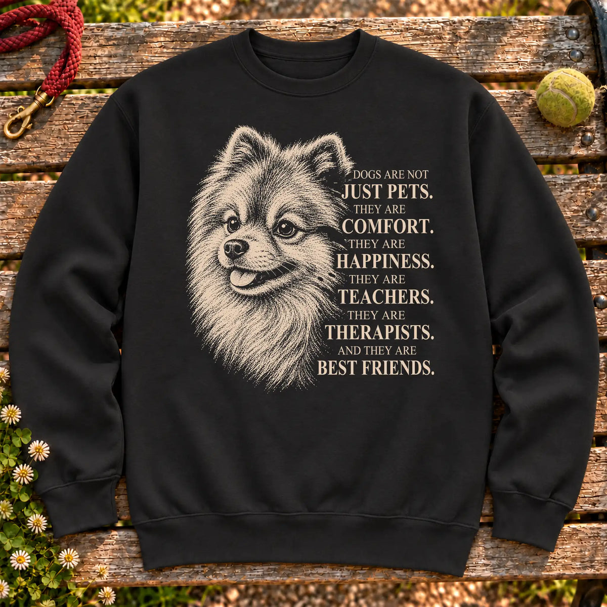 Dogs Are Not Just Pets Pomeranian text design on a Black crewneck sweatshirt