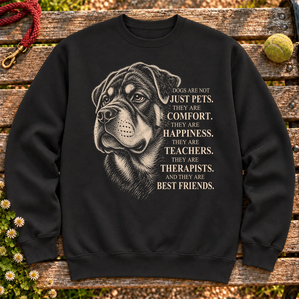 Dogs Are Not Just Pets Rottweiler text design on a Black crewneck sweatshirt