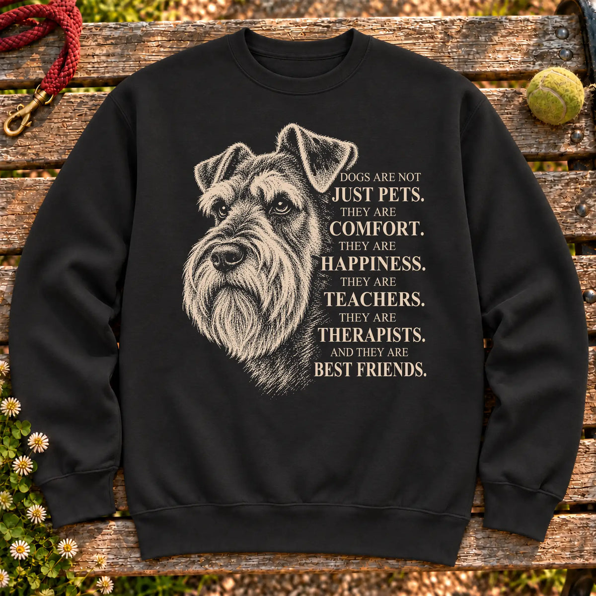 Dogs Are Not Just Pets Schnauzer text design on a Black crewneck sweatshirt