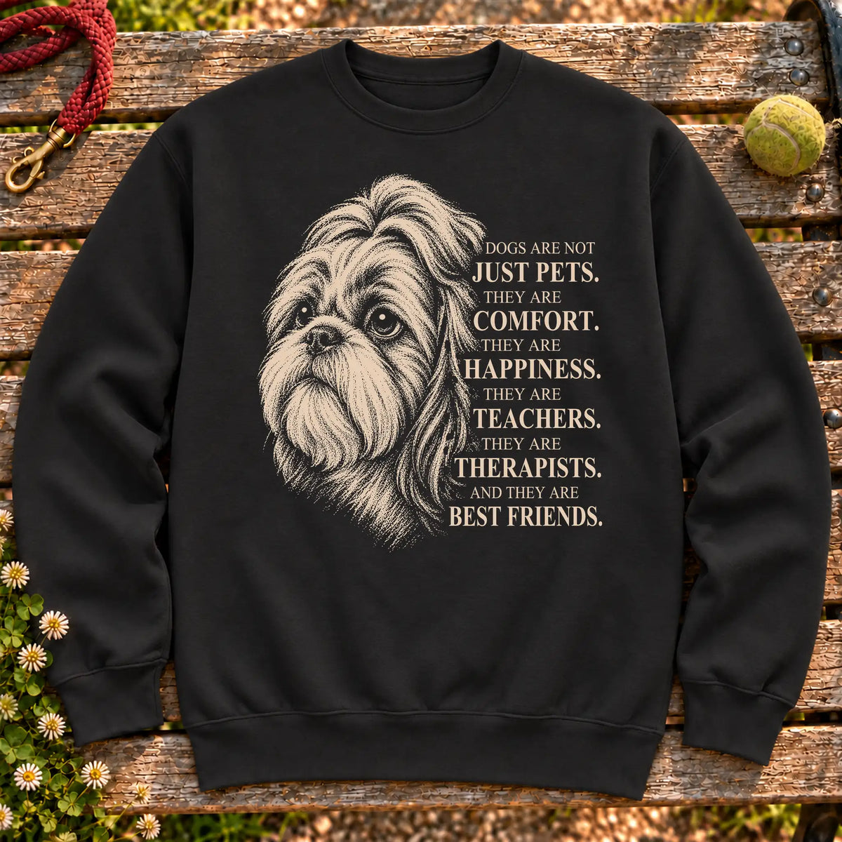 Dogs Are Not Just Pets Shih Tzu text design on a Black crewneck sweatshirt