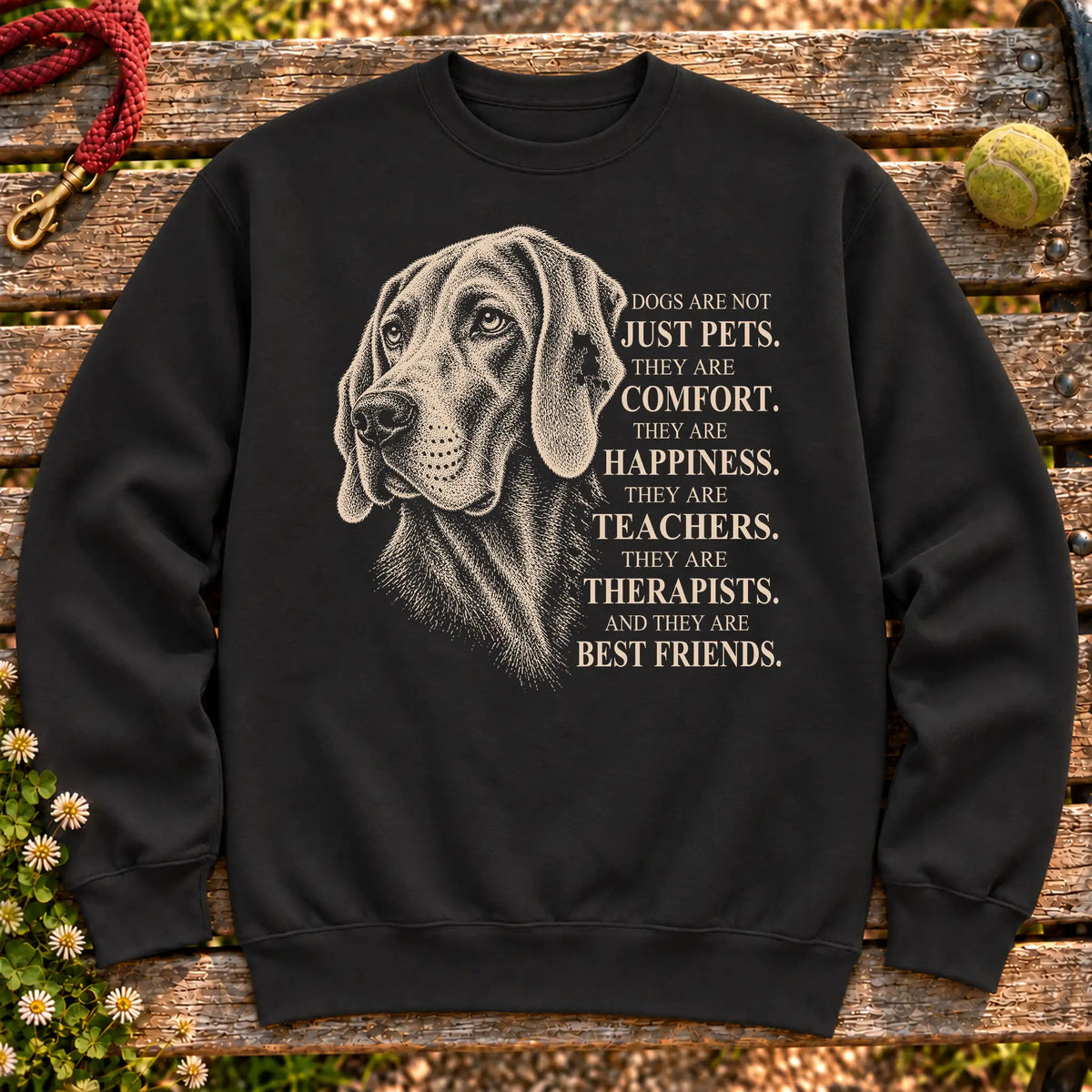 Dogs Are Not Just Pets Weimaraner text design on a Black crewneck sweatshirt