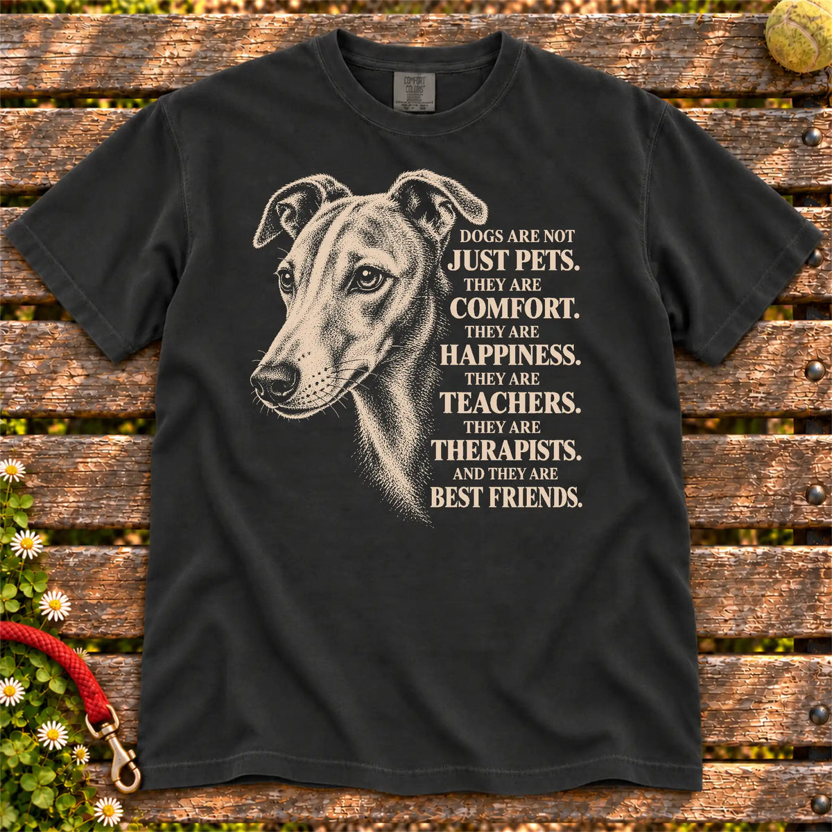 Dogs Are Not Just Pets Whippet text design on a Black Comfort Colors T-shirt