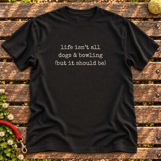 Dogs & Bowling design on a Black T-shirt, shown flat