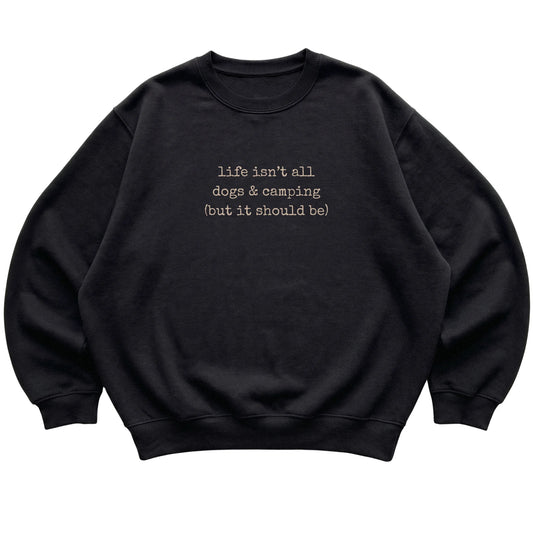Black Dogs and Camping sweatshirt laid flat