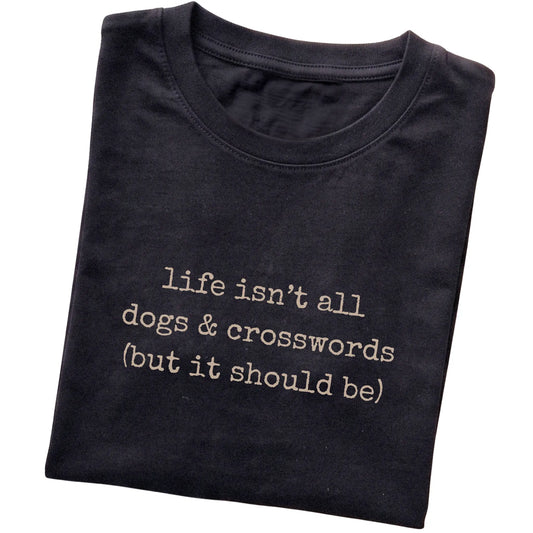 Black Dogs and Crosswords T-shirt folded to show the printed design