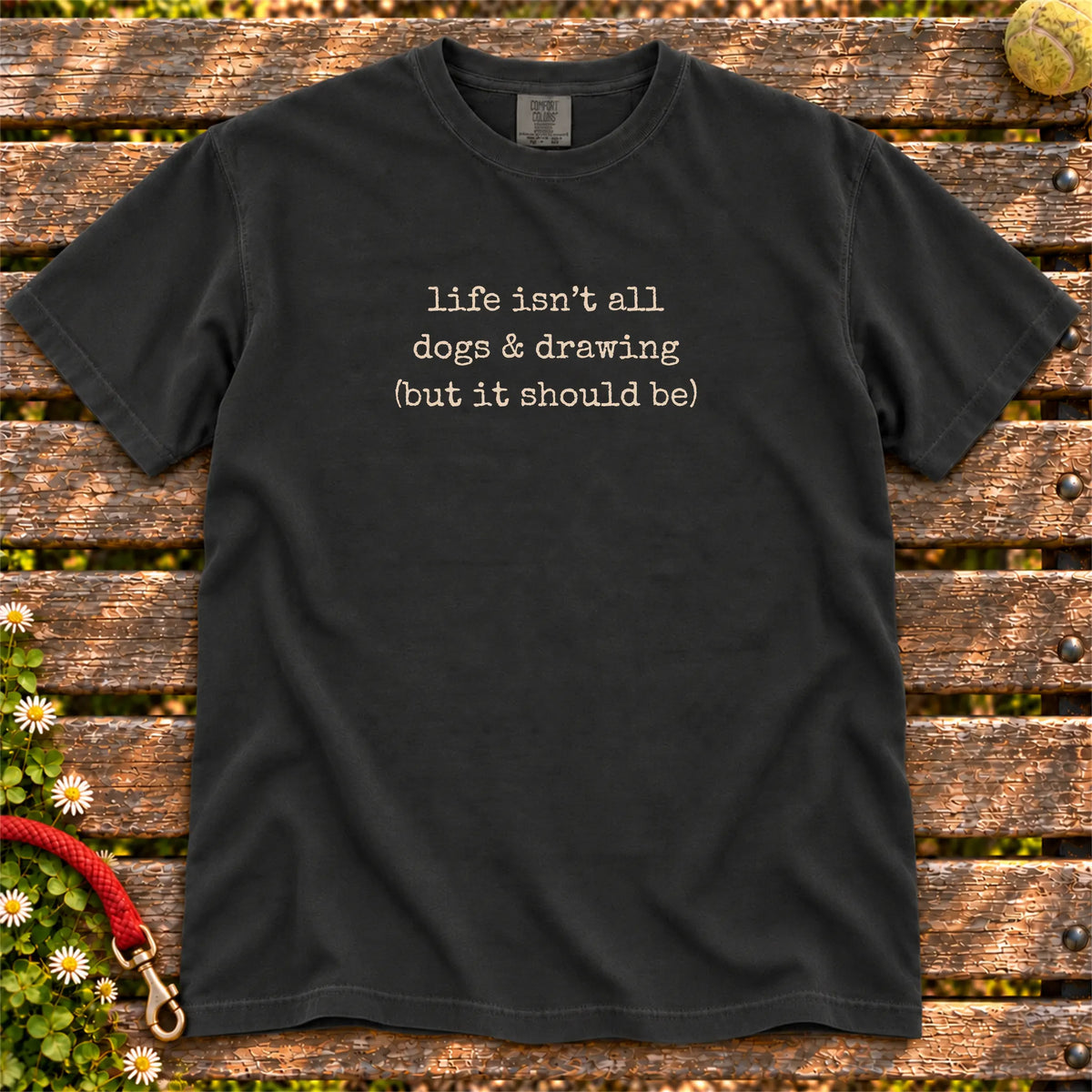 Dogs and Drawing on a Black T-shirt, shown flat