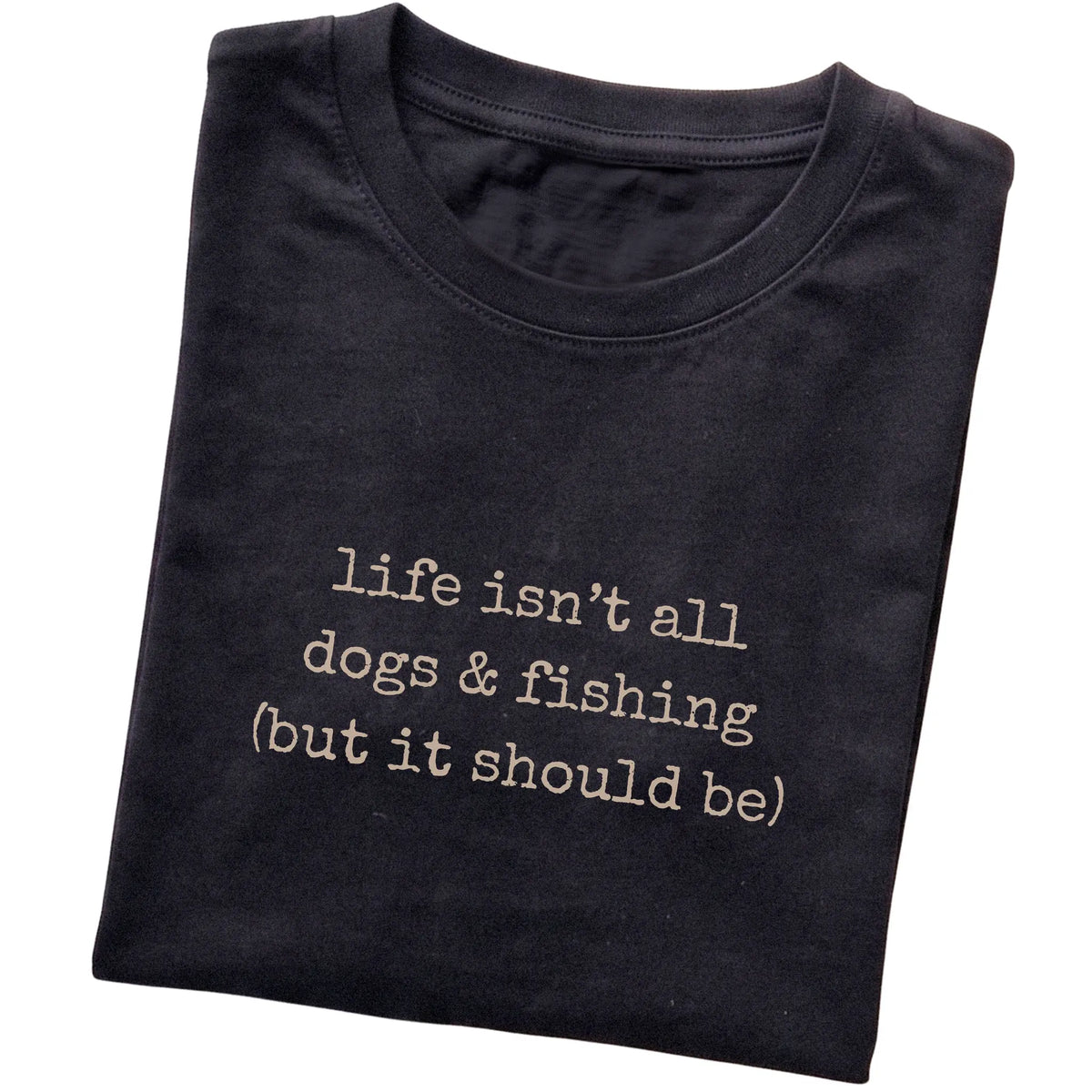 Black Dogs and Fishing T-shirt folded to show the printed design