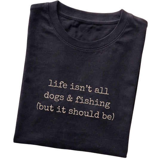 Black Dogs and Fishing T-shirt folded to show the printed design
