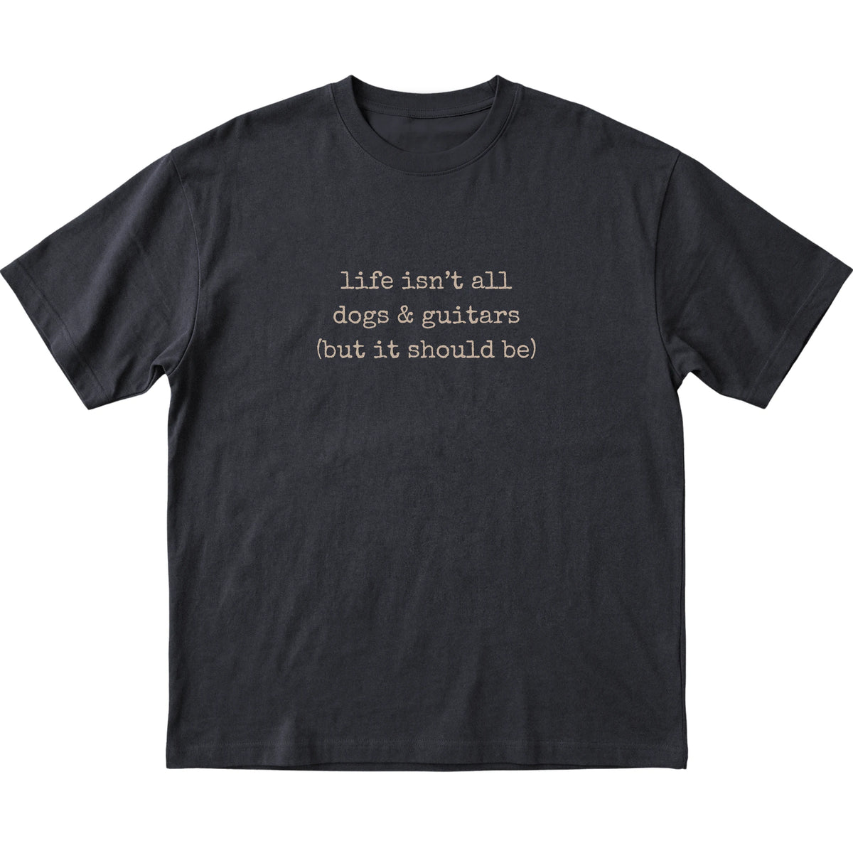 Black Dogs and Guitars T-shirt laid flat