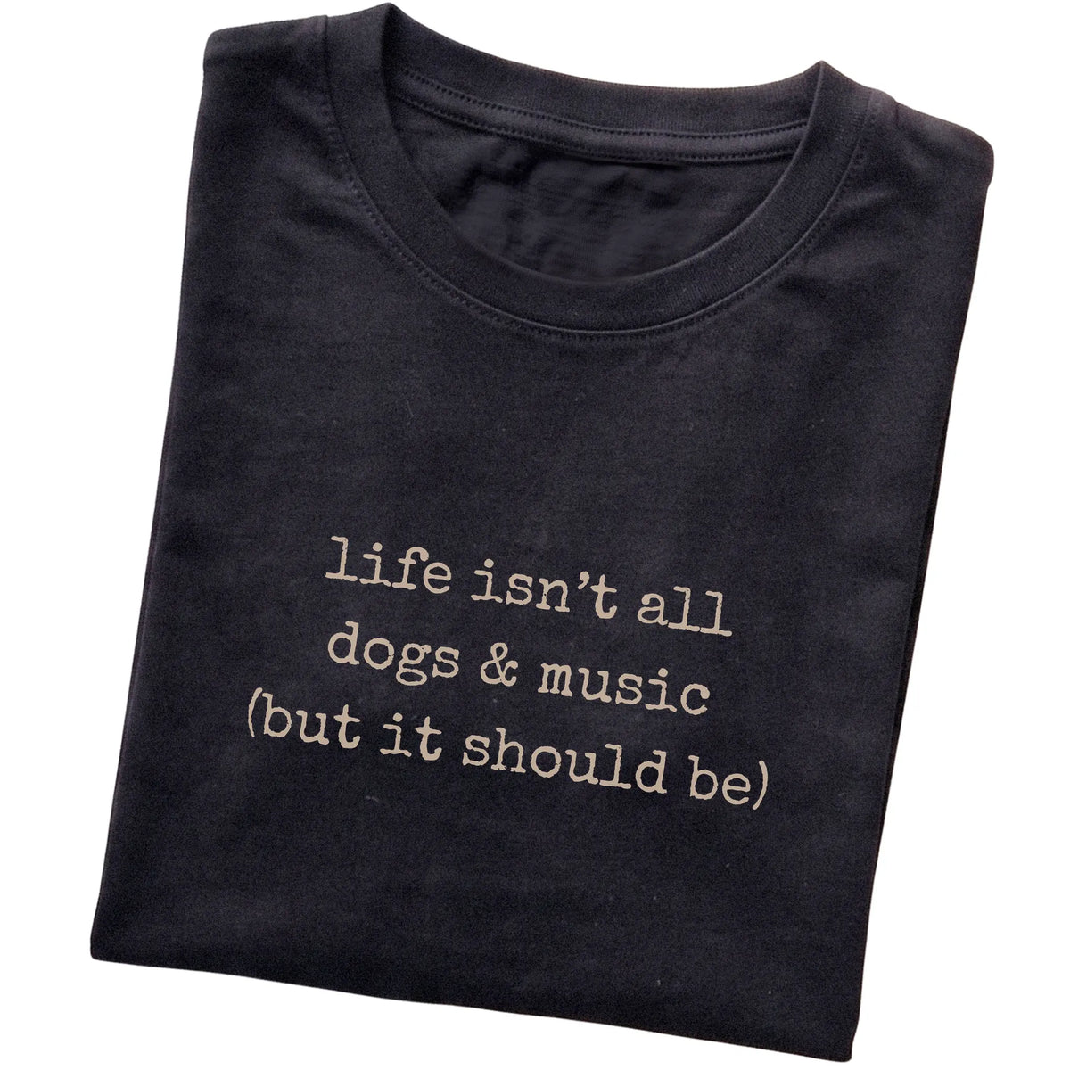 Black Dogs and Music T-shirt folded to show the printed design