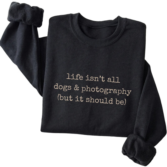 Black Dogs and Photography sweatshirt folded to show the printed design
