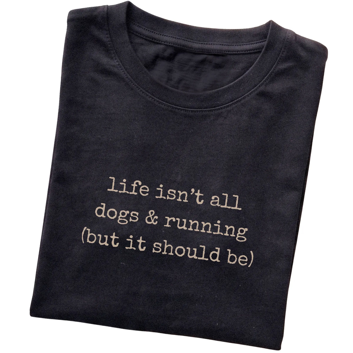 Black Dogs and Running T-shirt folded to show the printed design
