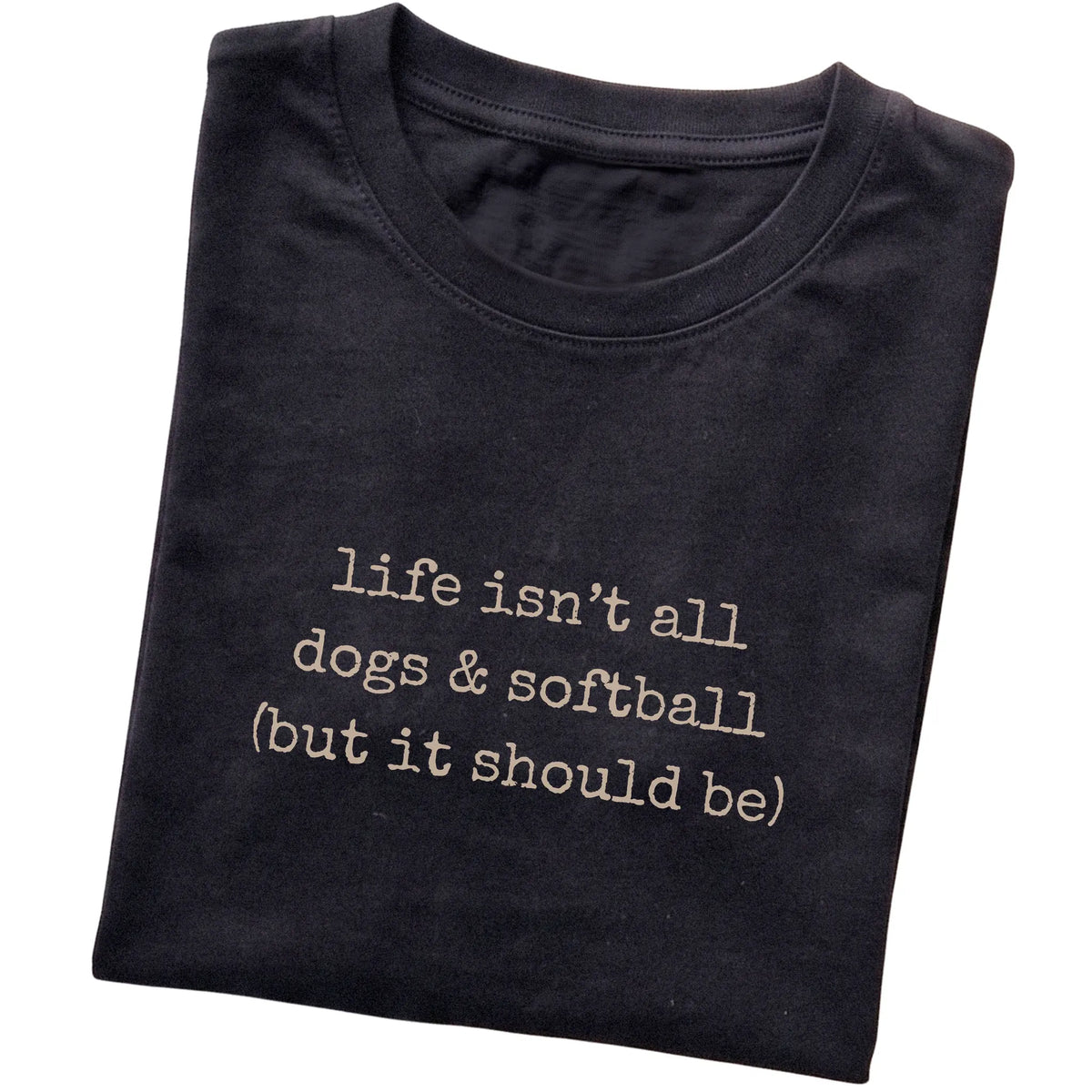 Black Dogs and Softball T-shirt folded to show the printed design