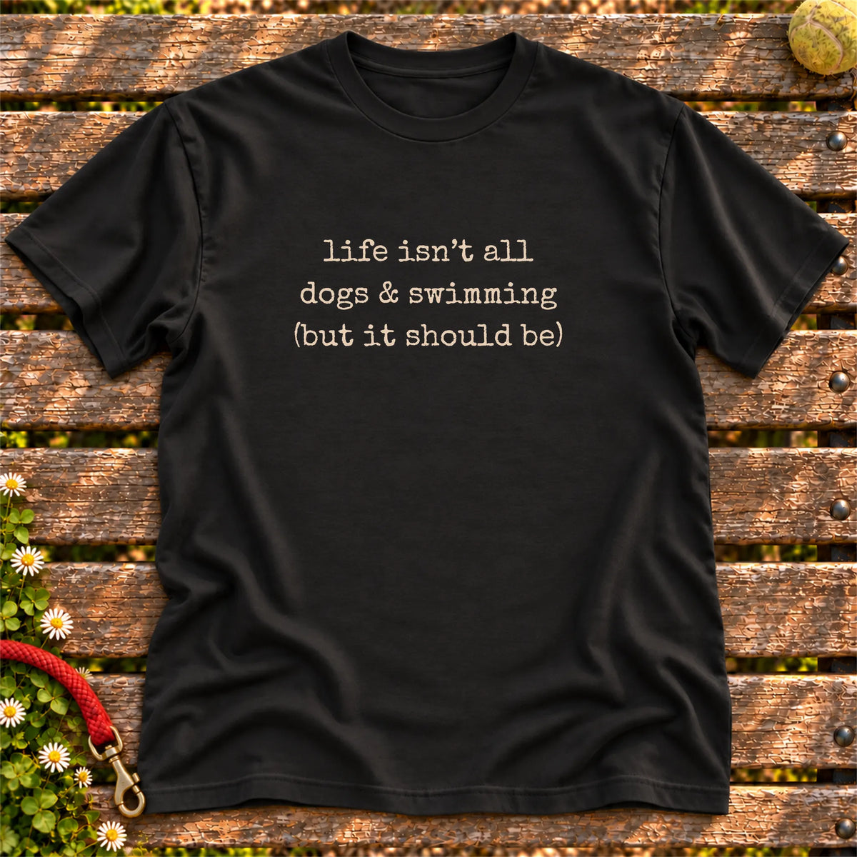 Dogs & Swimming design on a Black T-shirt, shown flat