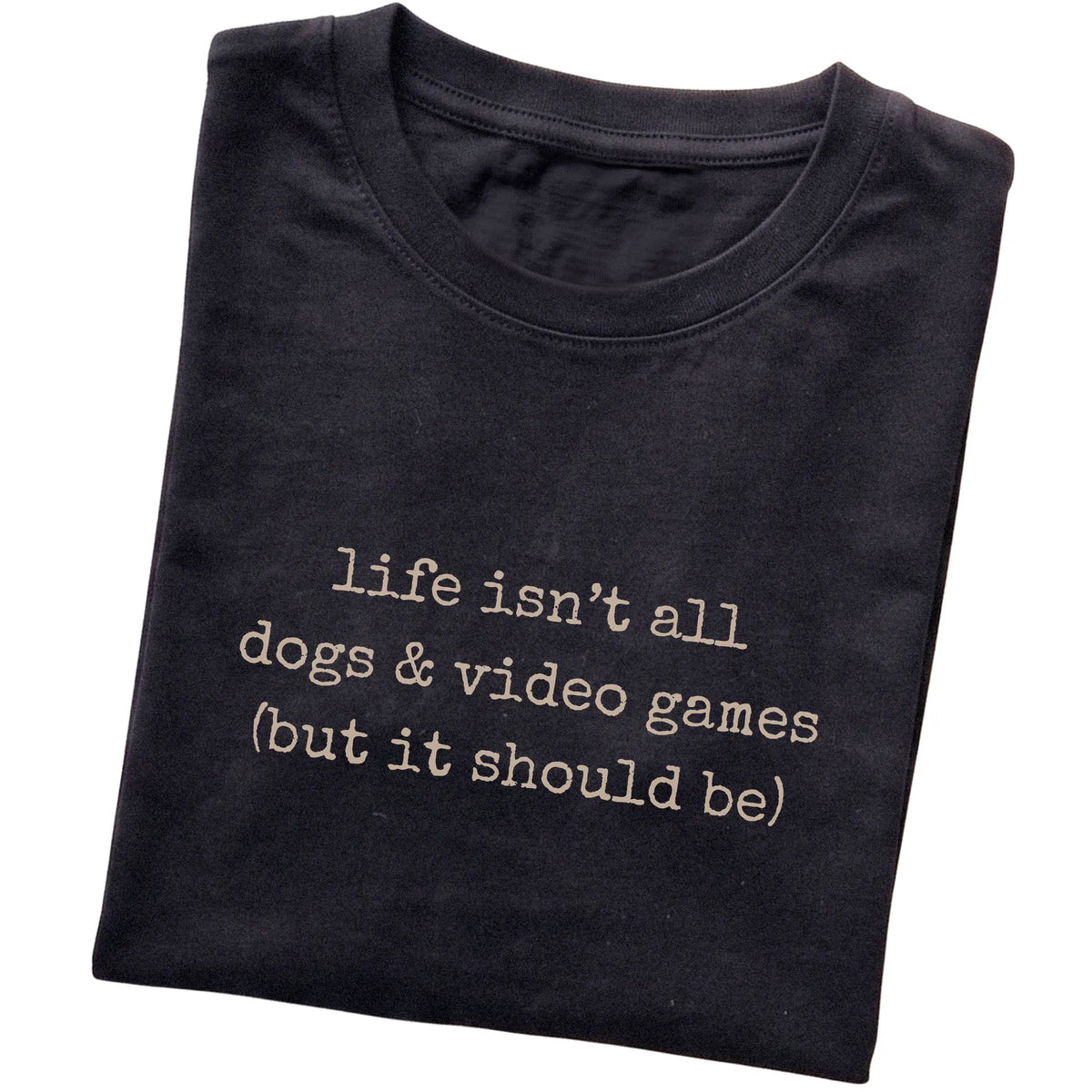 Black Dogs and Video Games T-shirt folded to show the printed design
