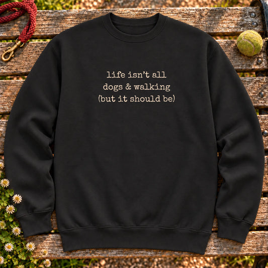Dogs & Walking design on a Black crewneck sweatshirt, shown flat