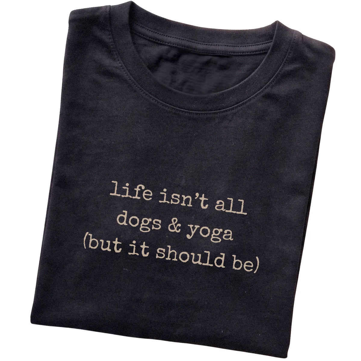 Black Dogs and Yoga T-shirt folded to show the printed design