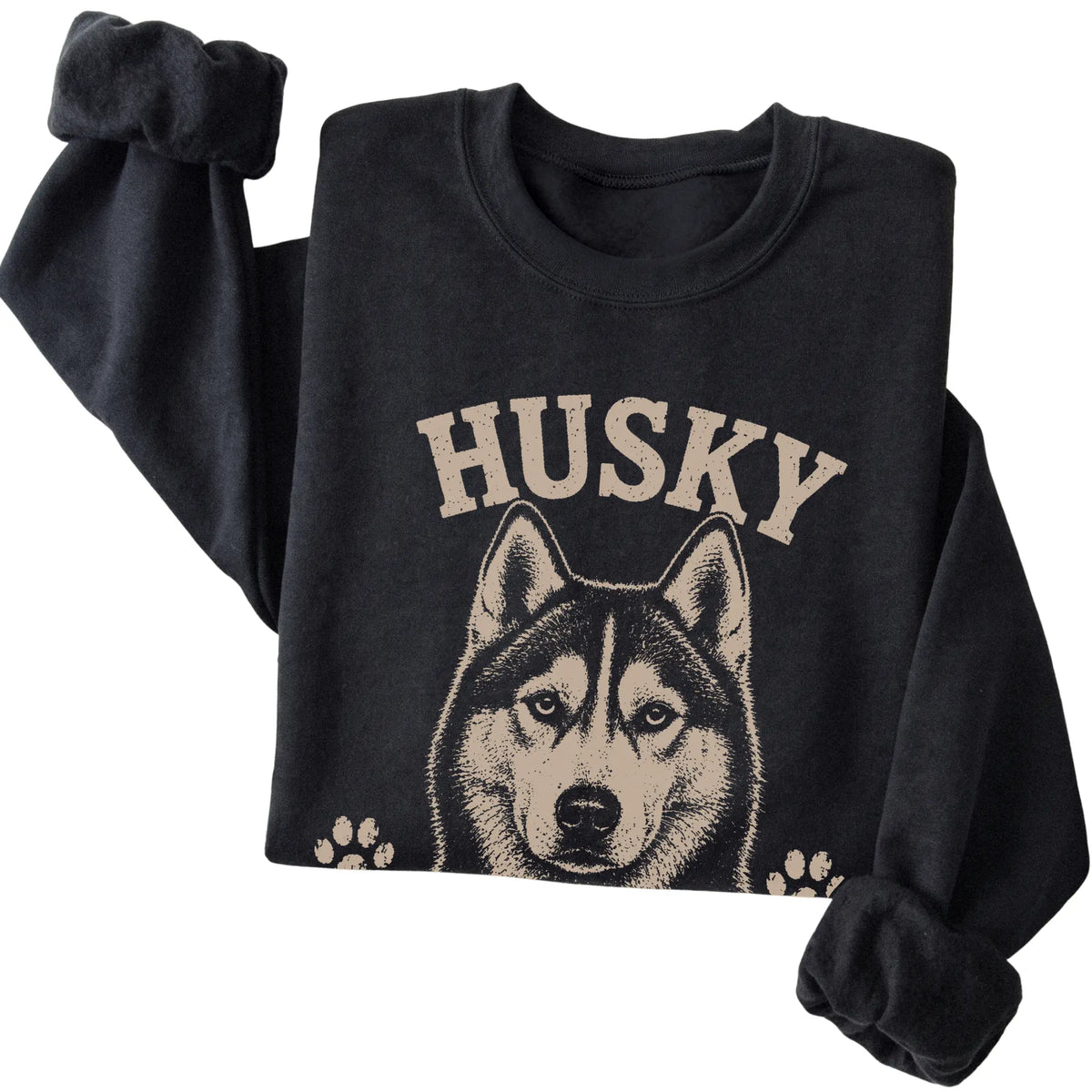 Black crewneck sweatshirt featuring Dramatic, Vocal & Never Wrong - Husky, folded presentation