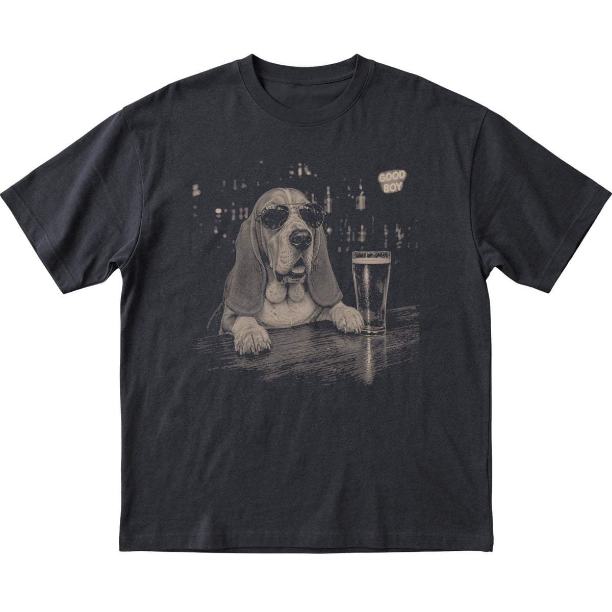 Black Basset Hound at a bar beside a pint, laid flat