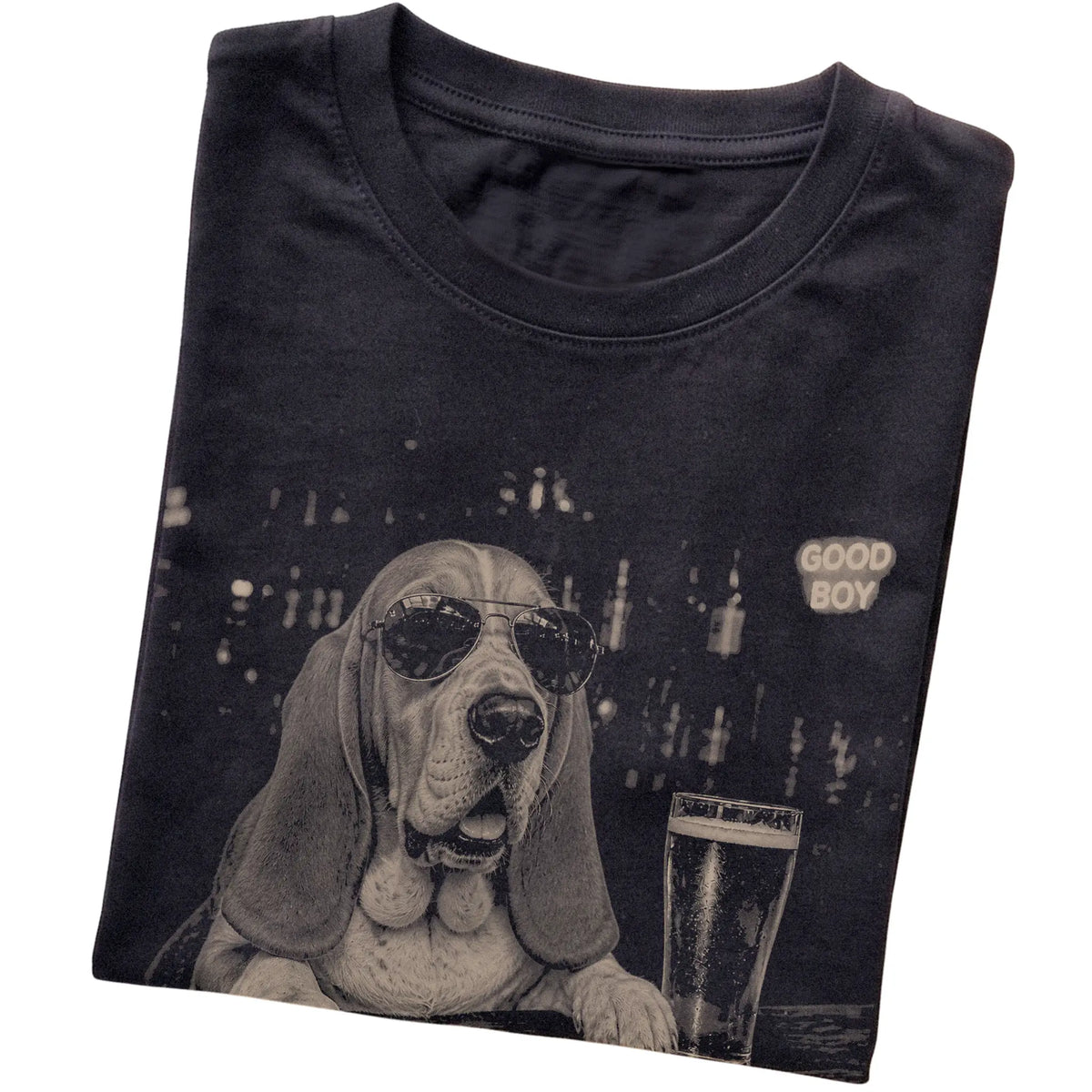 Black Basset Hound at a bar beside a pint, folded detail view