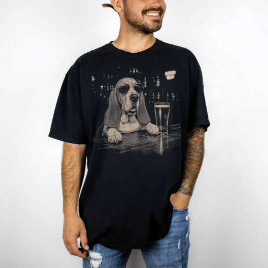 Black Basset Hound at a bar beside a pint, worn in a studio setting