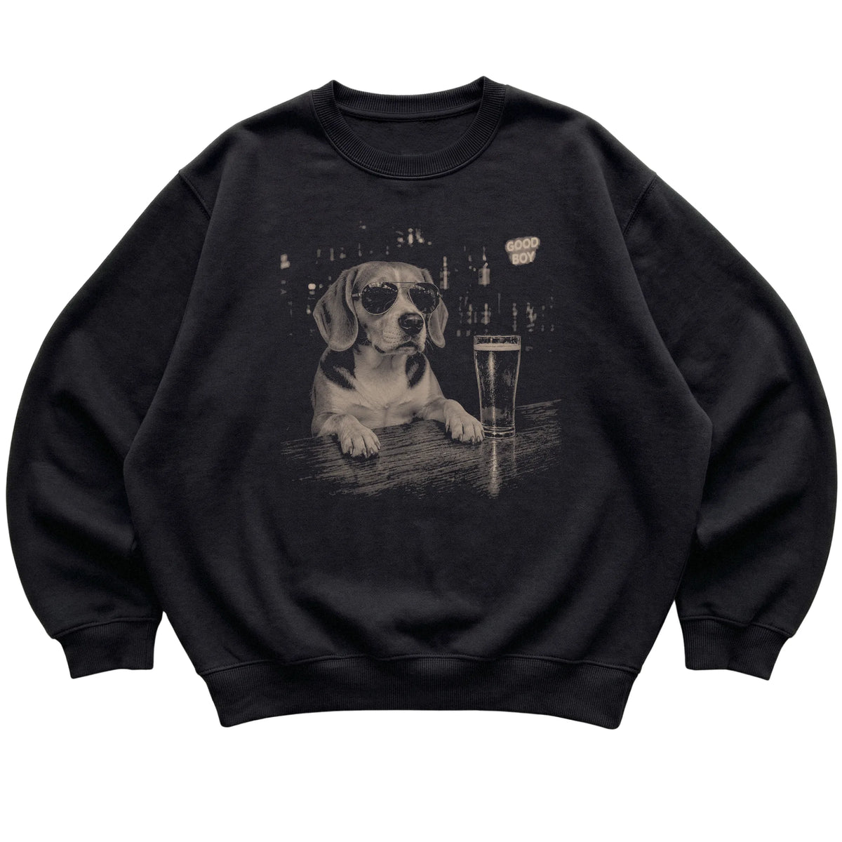 Black Beagle at a bar beside a pint, laid flat
