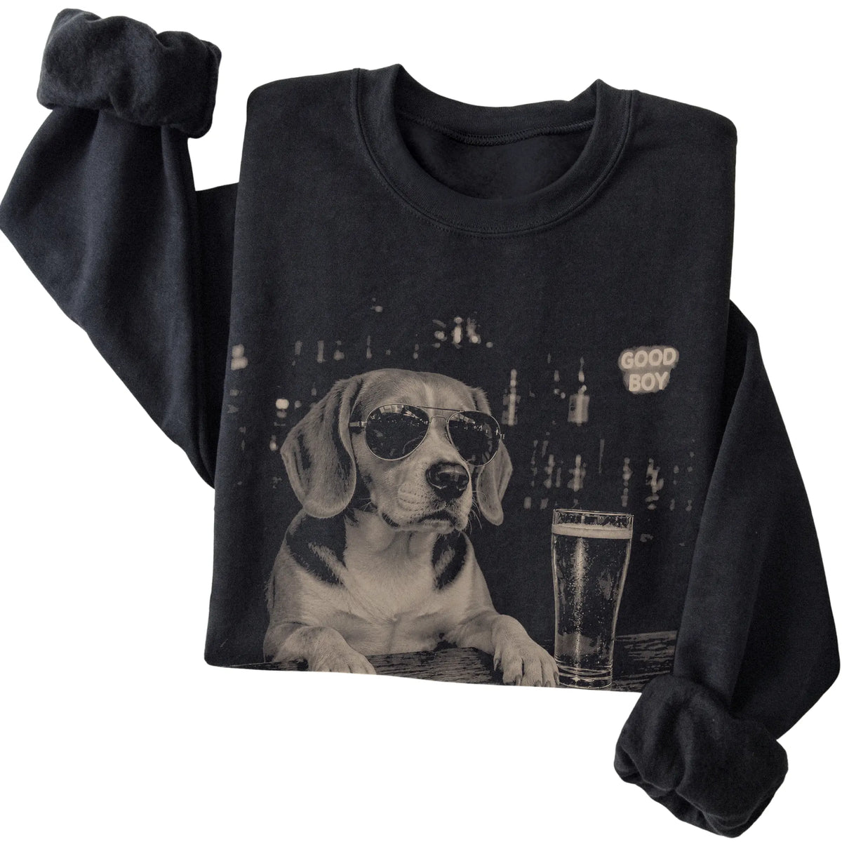 Black Beagle at a bar beside a pint, folded detail view