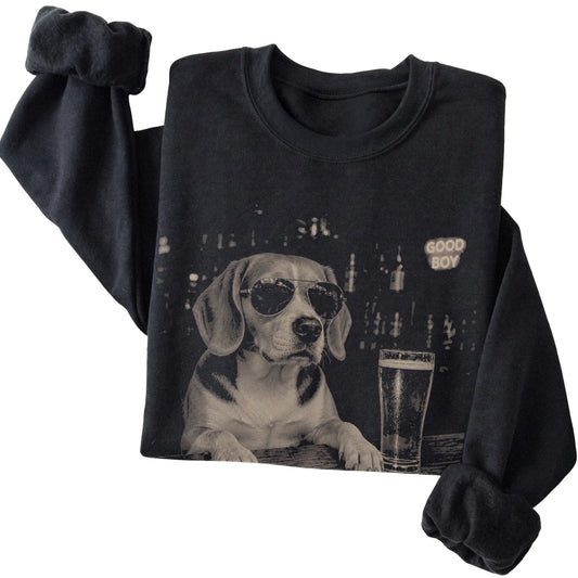 Black Beagle at a bar beside a pint, folded detail view