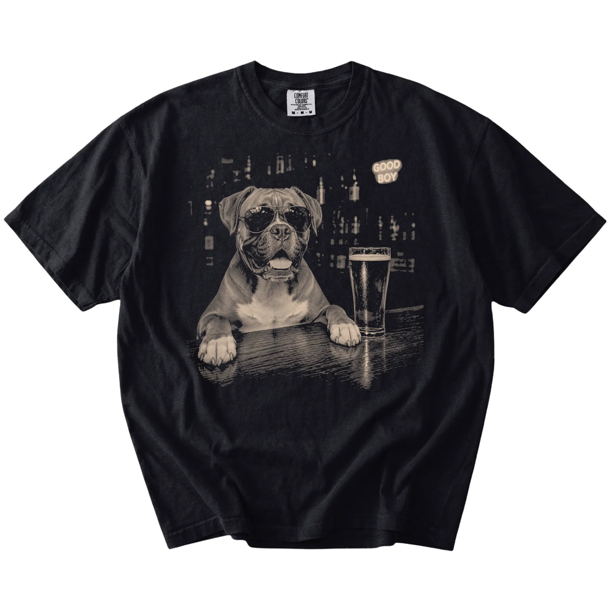 Black Boxer at a bar beside a pint, laid flat