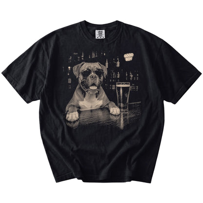 Black Boxer at a bar beside a pint, laid flat
