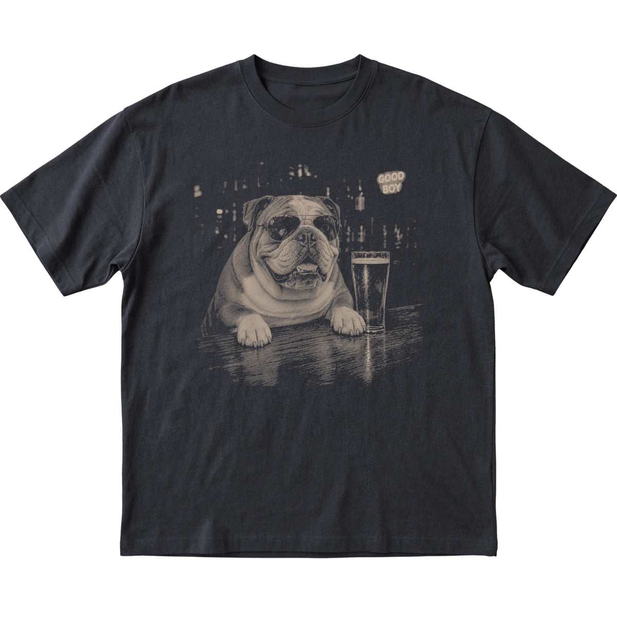 Black English Bulldog at a bar beside a pint, laid flat