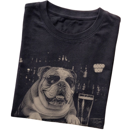 Black English Bulldog at a bar beside a pint, folded detail view