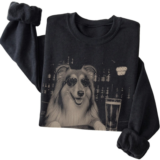 Black Collie at a bar beside a pint, folded detail view