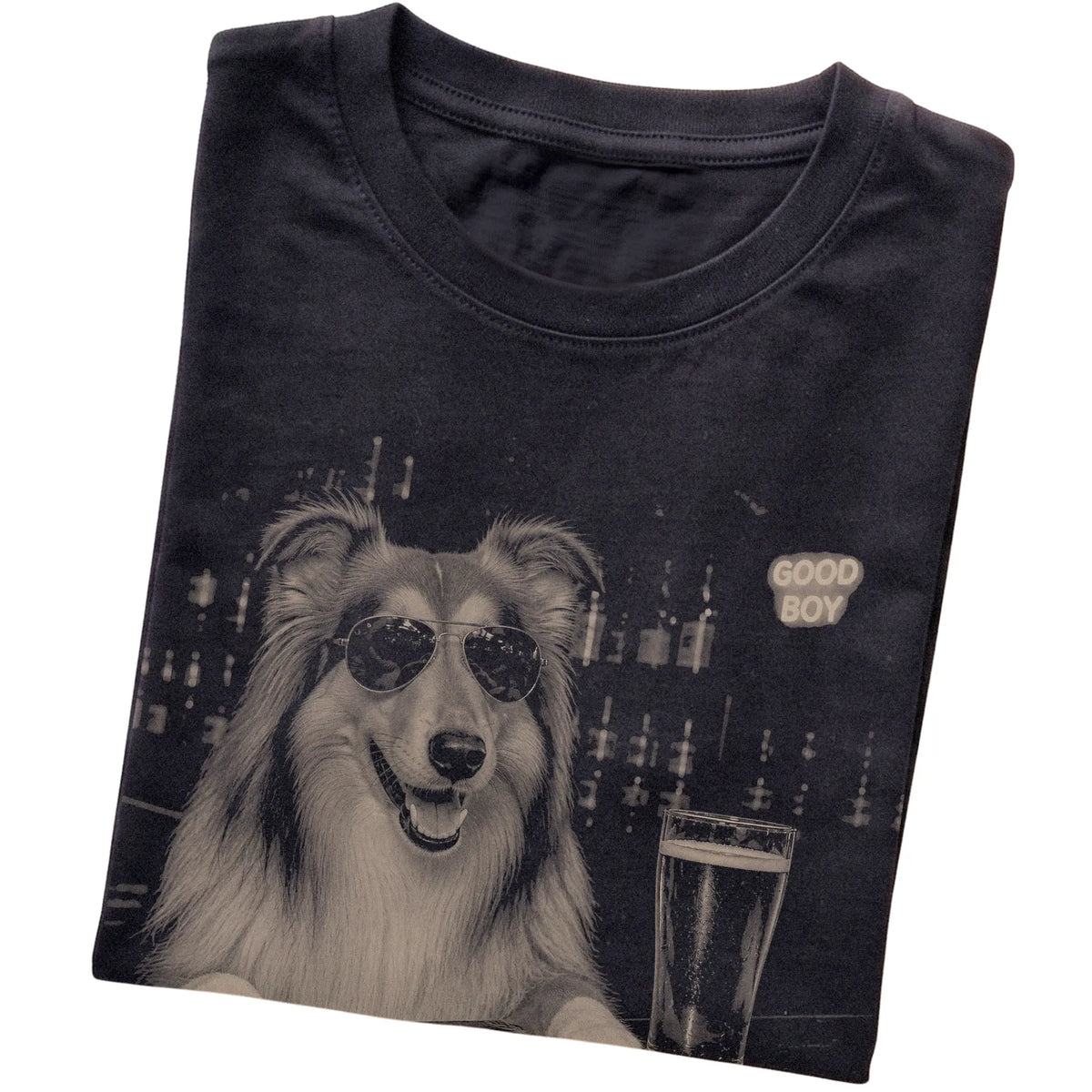 Black Collie at a bar beside a pint, folded detail view