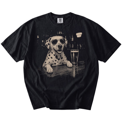 Black Dalmatian at a bar beside a pint, laid flat