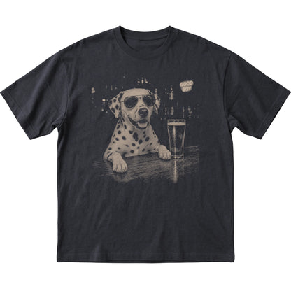 Black Dalmatian at a bar beside a pint, laid flat