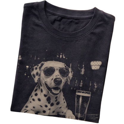 Black Dalmatian at a bar beside a pint, folded detail view