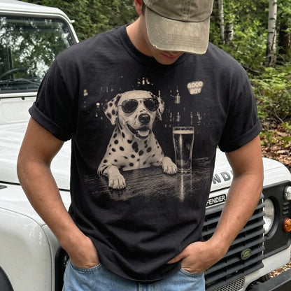 Black Dalmatian at a bar beside a pint, worn in a studio setting
