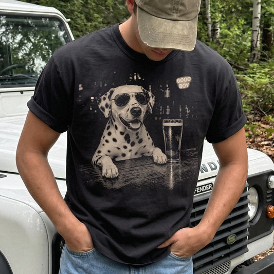 Black Dalmatian at a bar beside a pint, worn in a studio setting