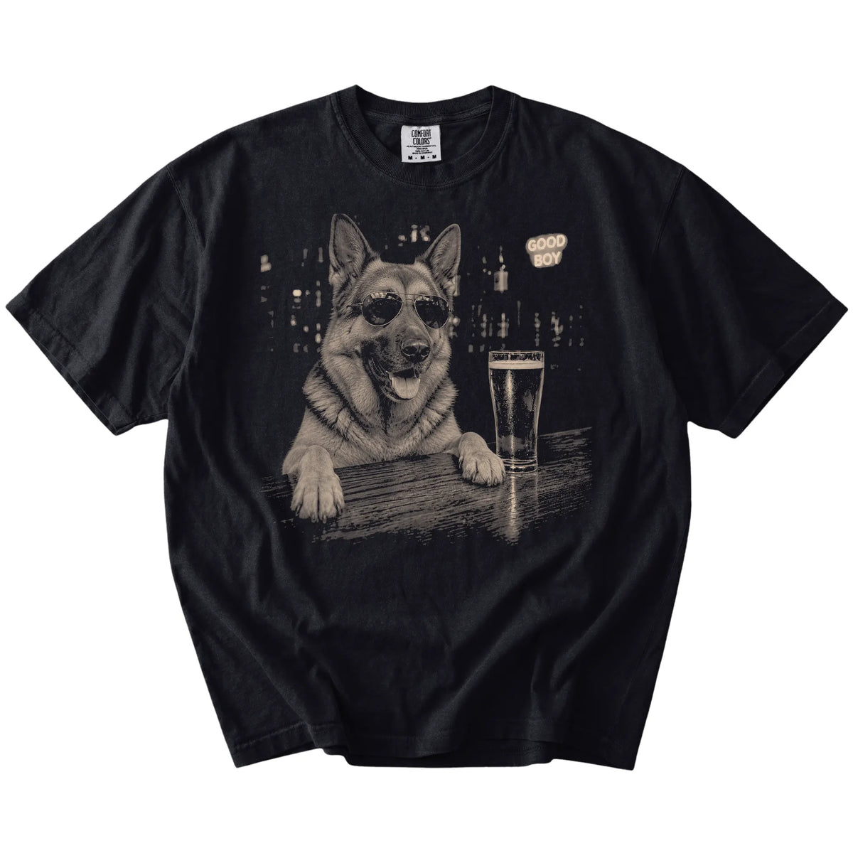 Black German Shepherd at a bar beside a pint, laid flat
