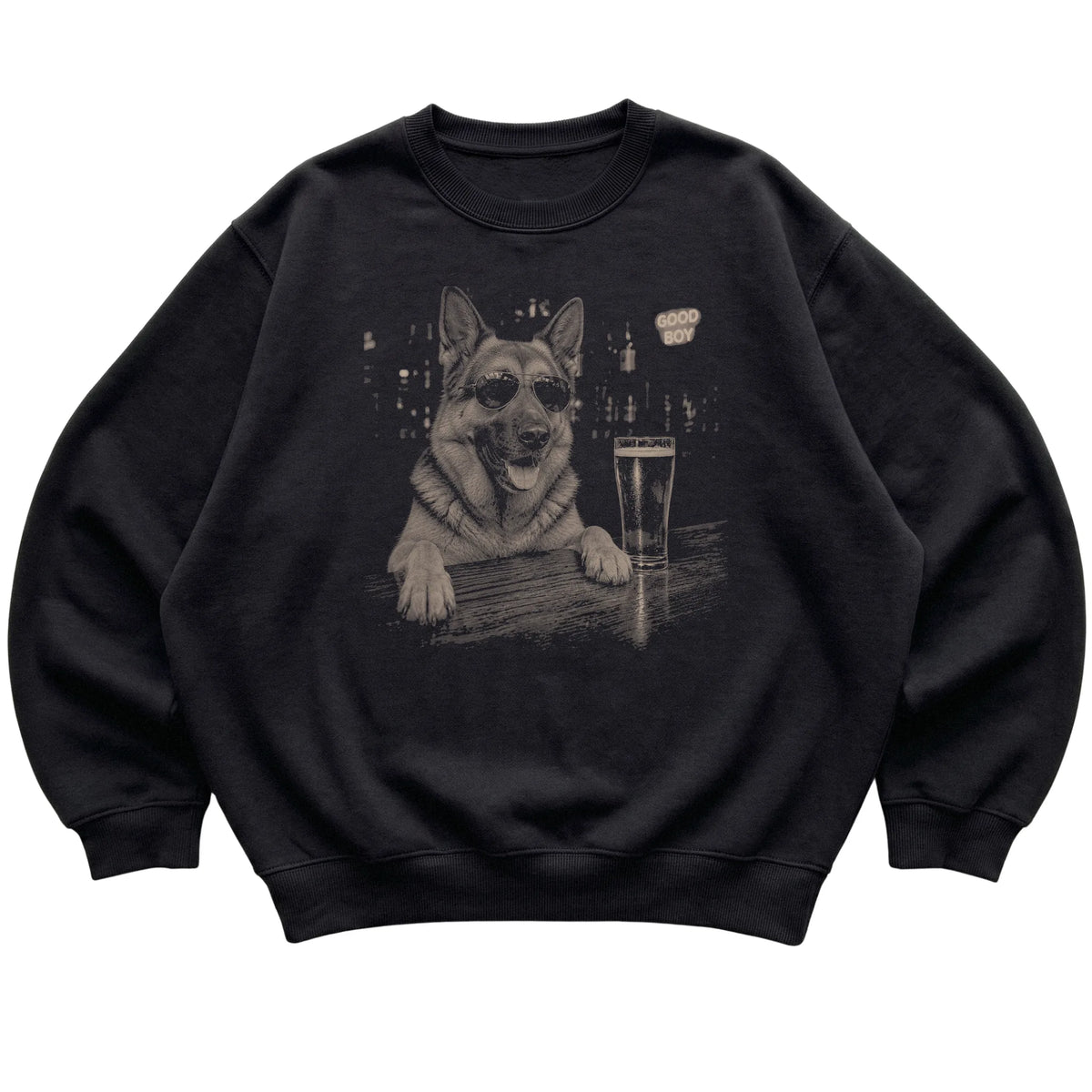 Black German Shepherd at a bar beside a pint, laid flat