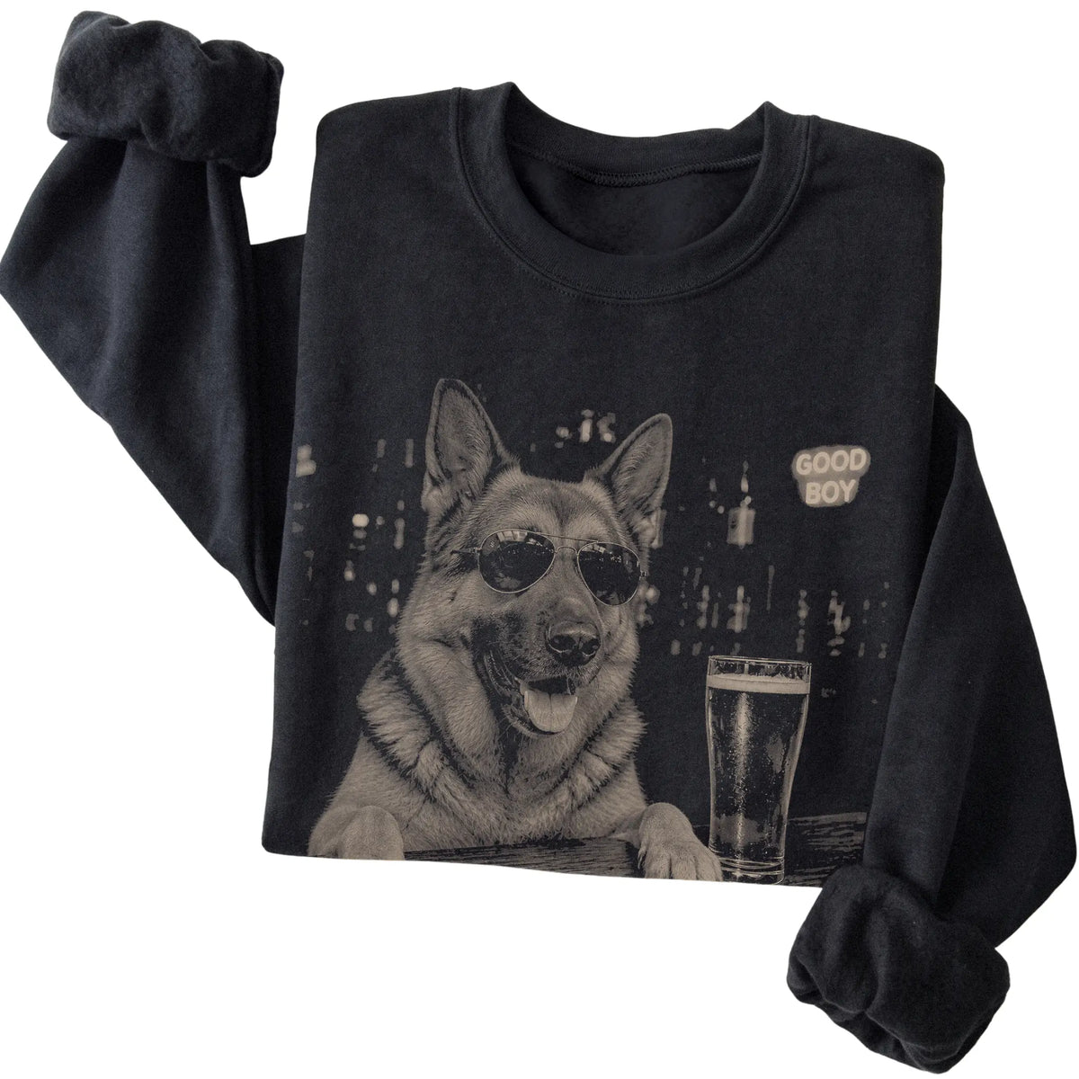 Black German Shepherd at a bar beside a pint, folded detail view