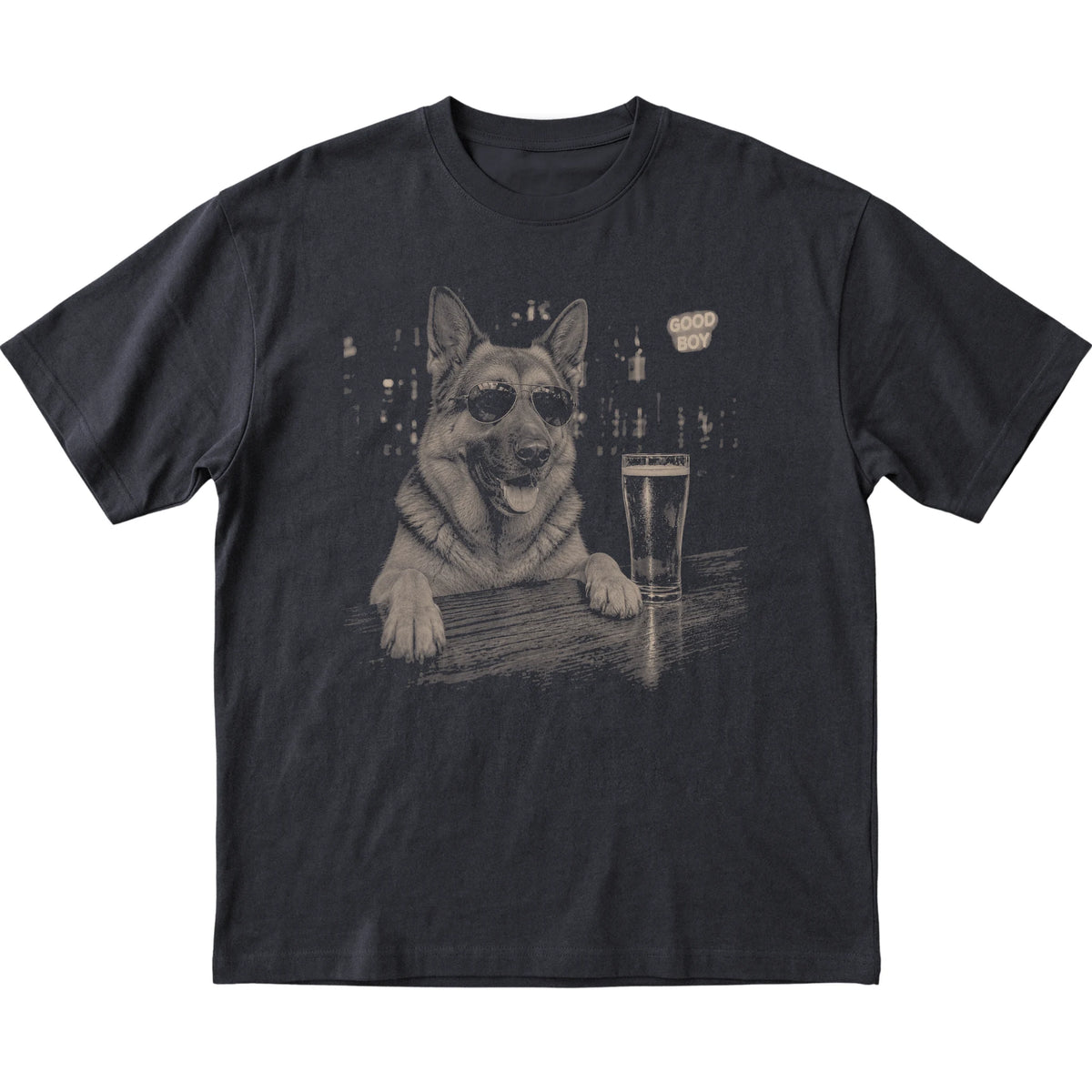 Black German Shepherd at a bar beside a pint, laid flat