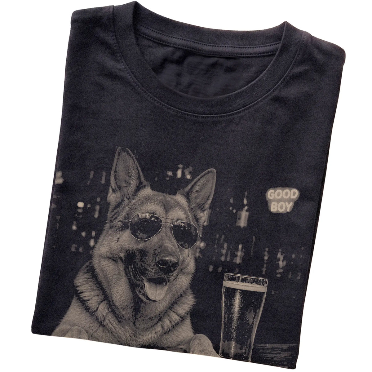 Black German Shepherd at a bar beside a pint, folded detail view